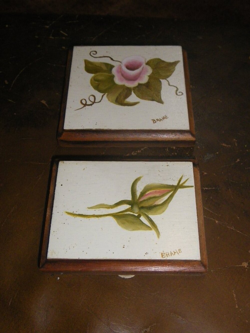 2 Vintage Miniature Paintings Flowers on Wood